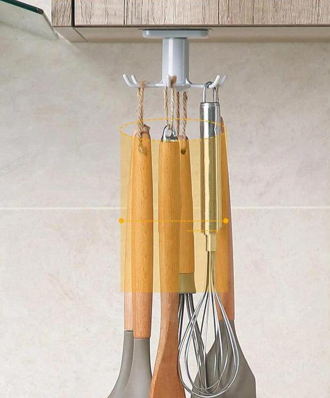 Under-Counter Rotating Kitchen Utensil Storage Organizer 6 Hooks