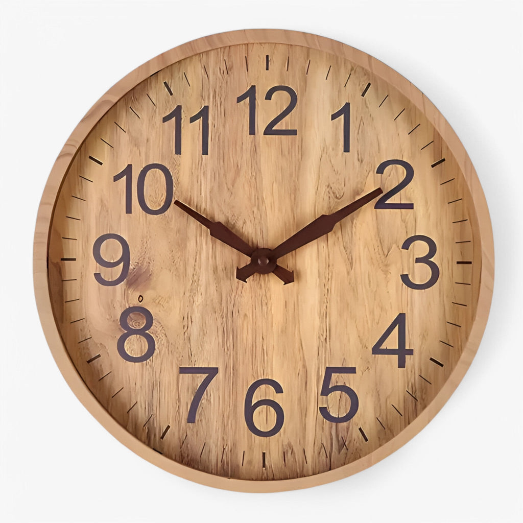 Large Round Wooden Wall Clock with Clear Numbers Silent Quartz