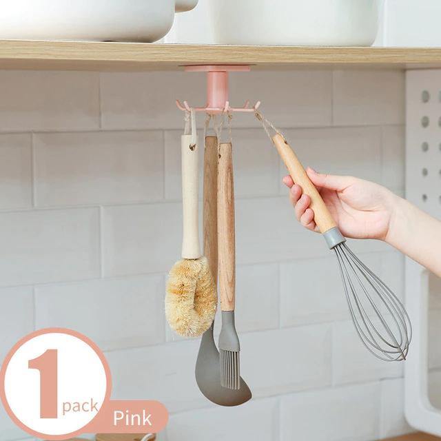 Under-Counter Rotating Kitchen Utensil Storage Organizer 6 Hooks