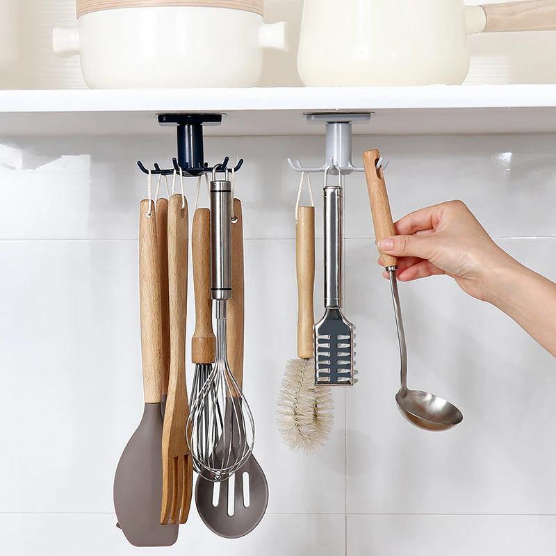 Under-Counter Rotating Kitchen Utensil Storage Organizer 6 Hooks