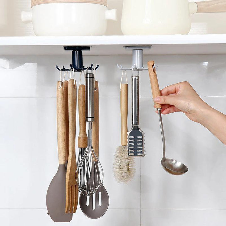 Under-Counter Rotating Kitchen Utensil Storage Organizer 6 Hooks