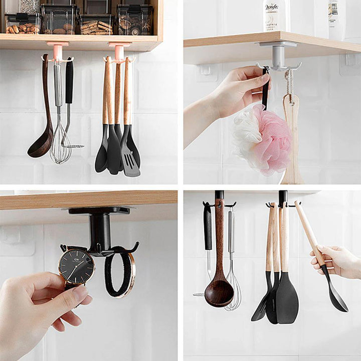 Under-Counter Rotating Kitchen Utensil Storage Organizer 6 Hooks