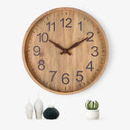 Large Round Wooden Wall Clock with Clear Numbers Silent Quartz