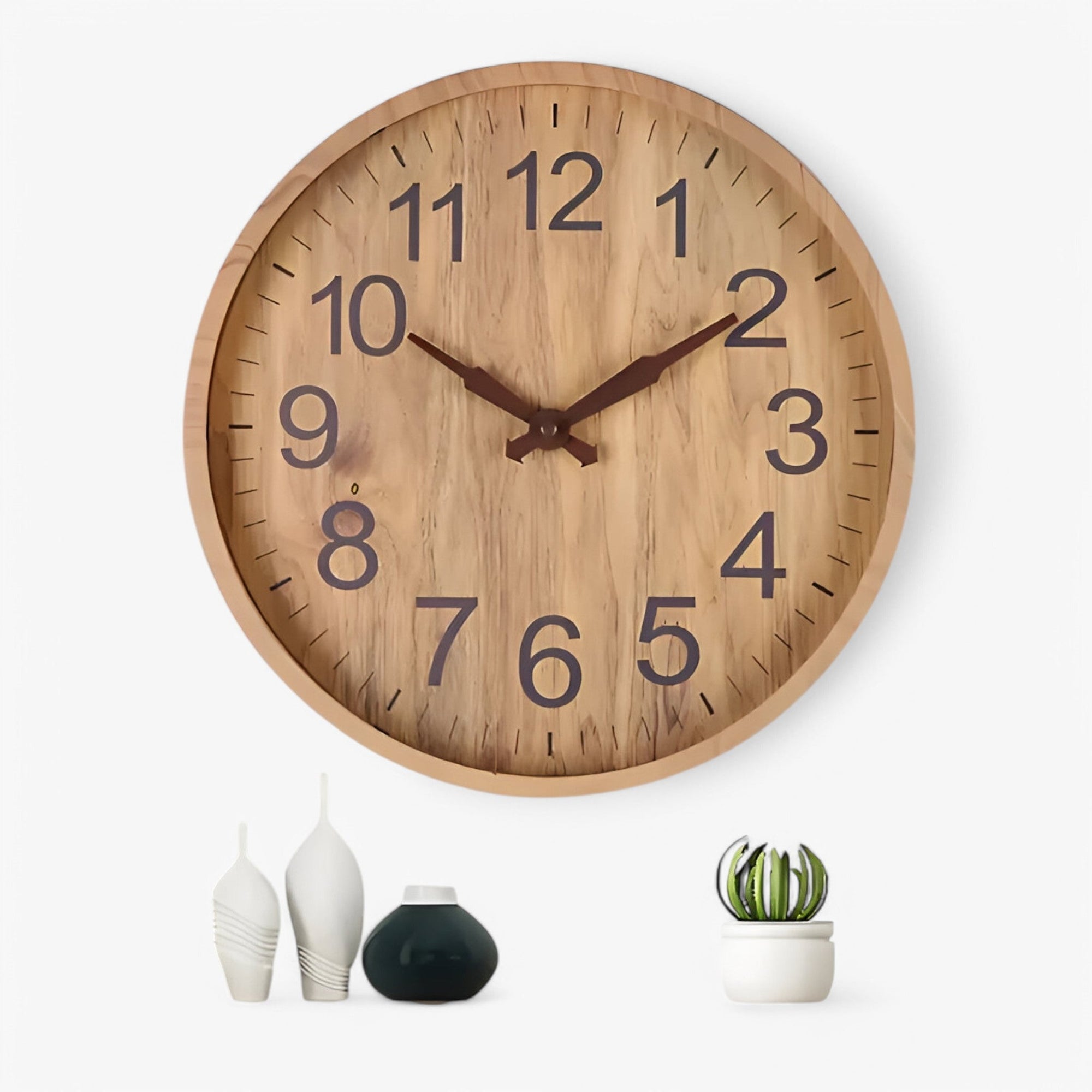 Large Round Wooden Wall Clock with Clear Numbers Silent Quartz