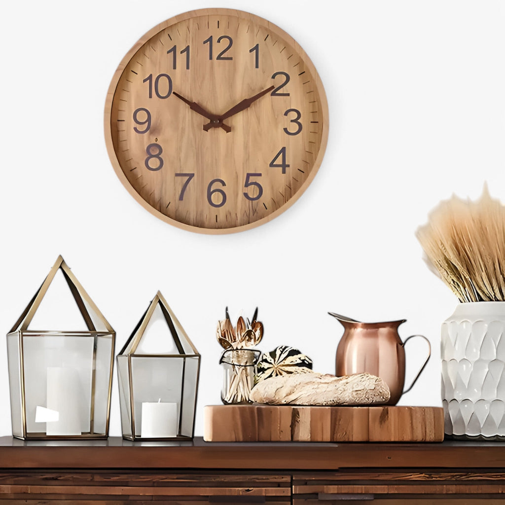 Large Round Wooden Wall Clock with Clear Numbers Silent Quartz