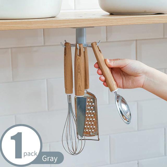 Under-Counter Rotating Kitchen Utensil Storage Organizer 6 Hooks