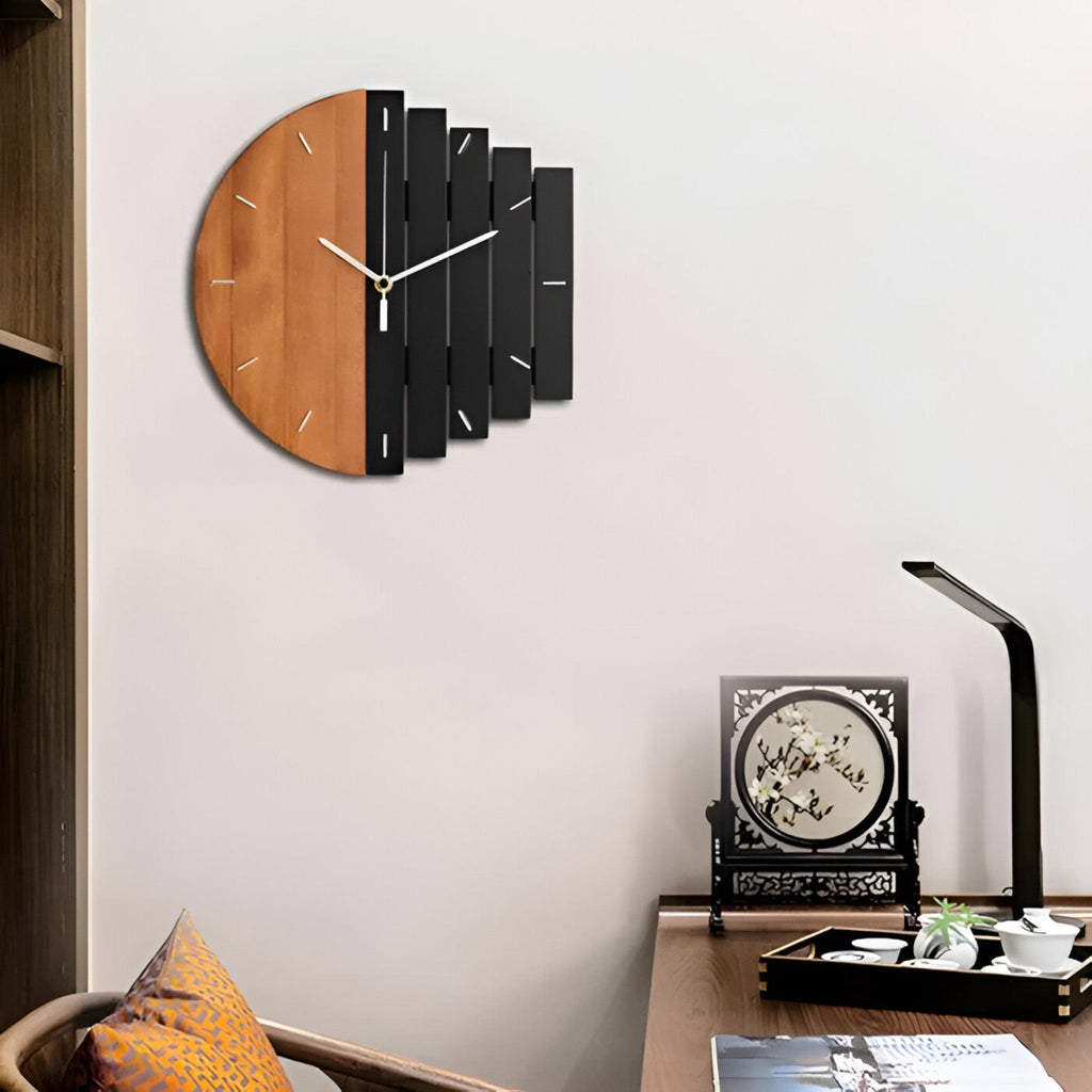 Layered Panel Wall Clock with Split Wood and Modern Dial