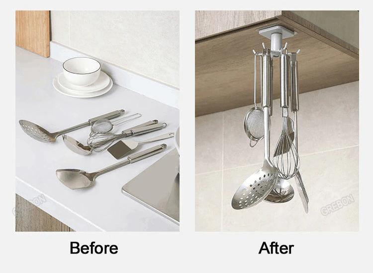 Under-Counter Rotating Kitchen Utensil Storage Organizer 6 Hooks