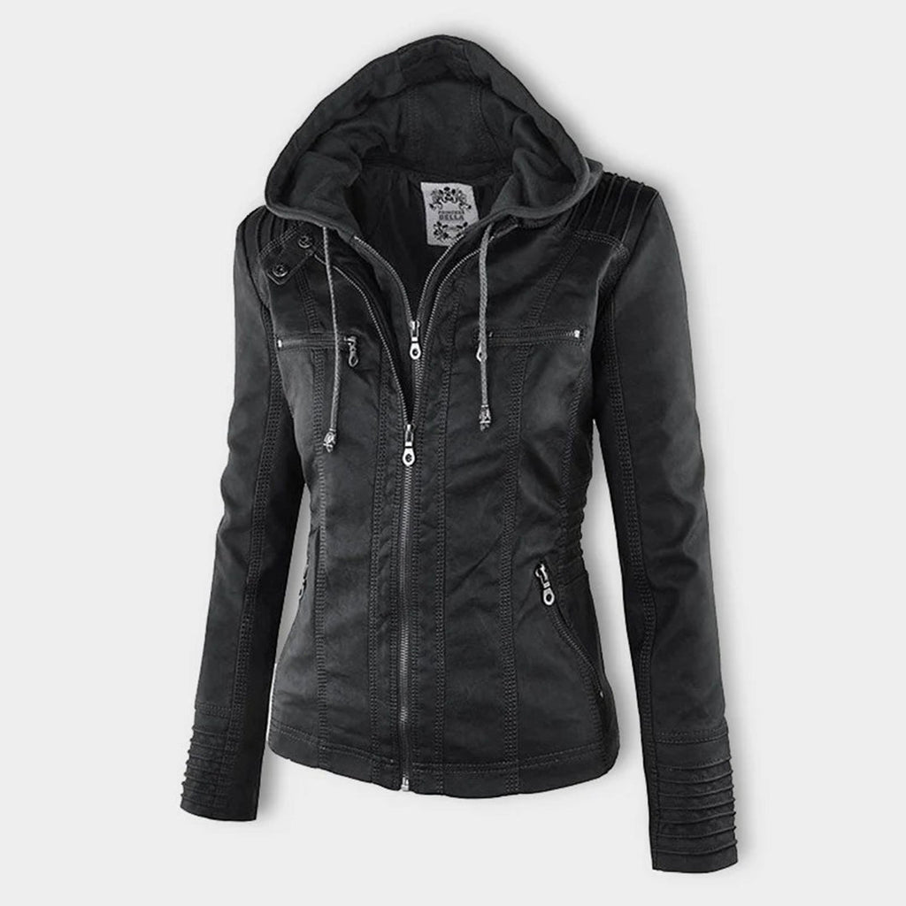 Fitted Biker Jacket with Hood and Structured Stitch Detail