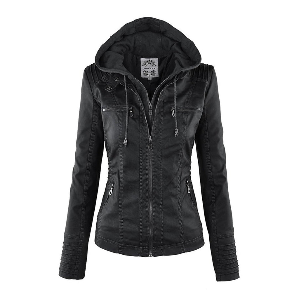 Fitted Biker Jacket with Hood and Structured Stitch Detail