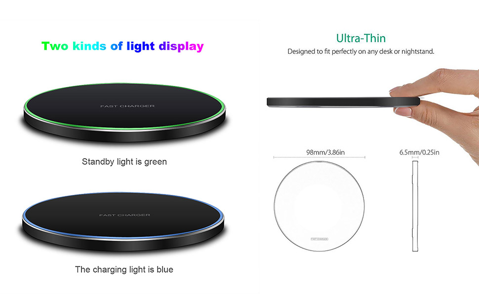 Slim Wireless Charging Pad with USB C Cable and LED Indicator