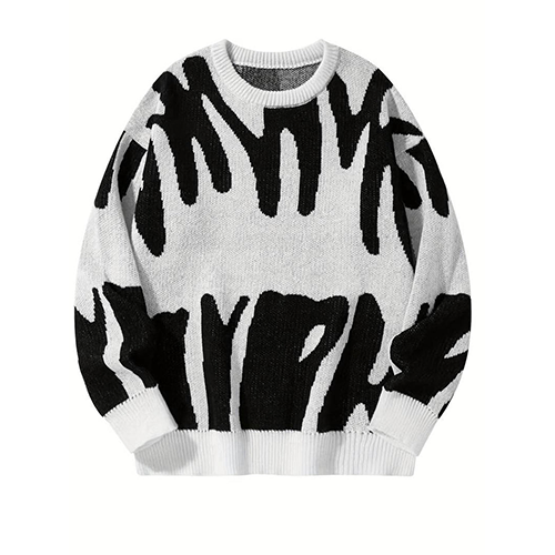 Bold Pattern Knit Sweater with Relaxed Fit and Crewneck Design