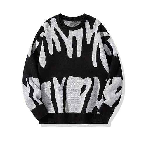Bold Pattern Knit Sweater with Relaxed Fit and Crewneck Design