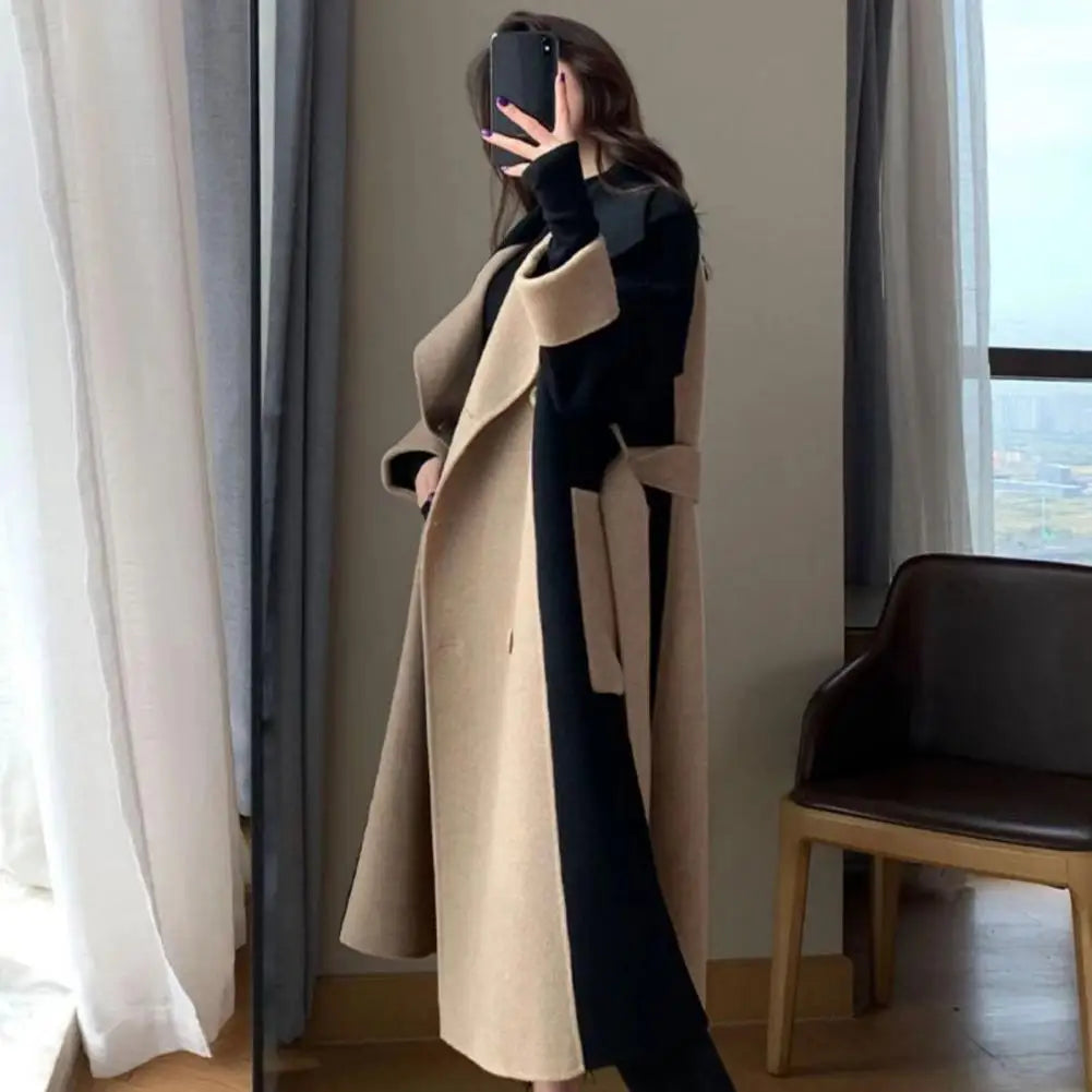 Two Tone Long Coat with Double Breasted Front and Structured Fit