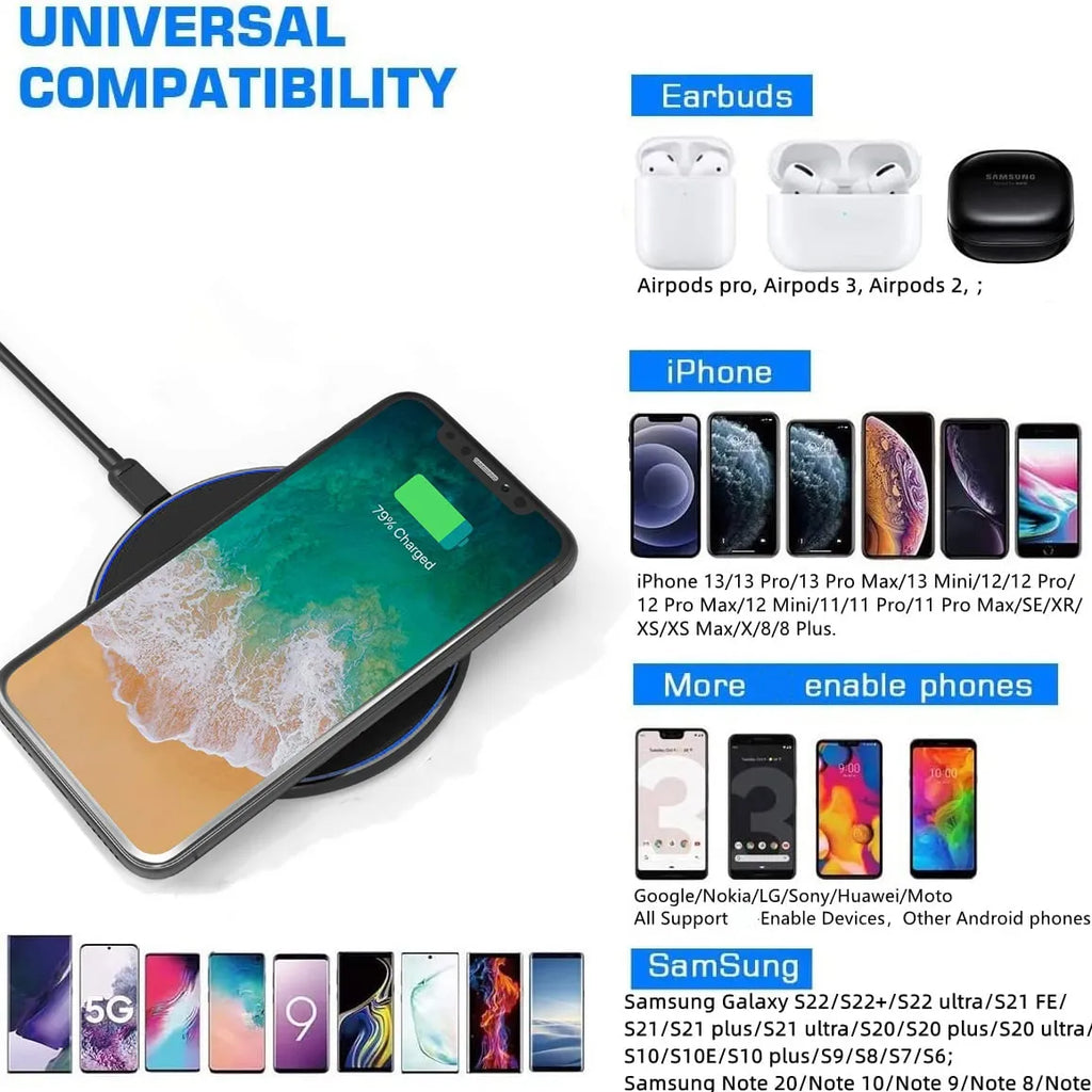 Slim Wireless Charging Pad with USB C Cable and LED Indicator