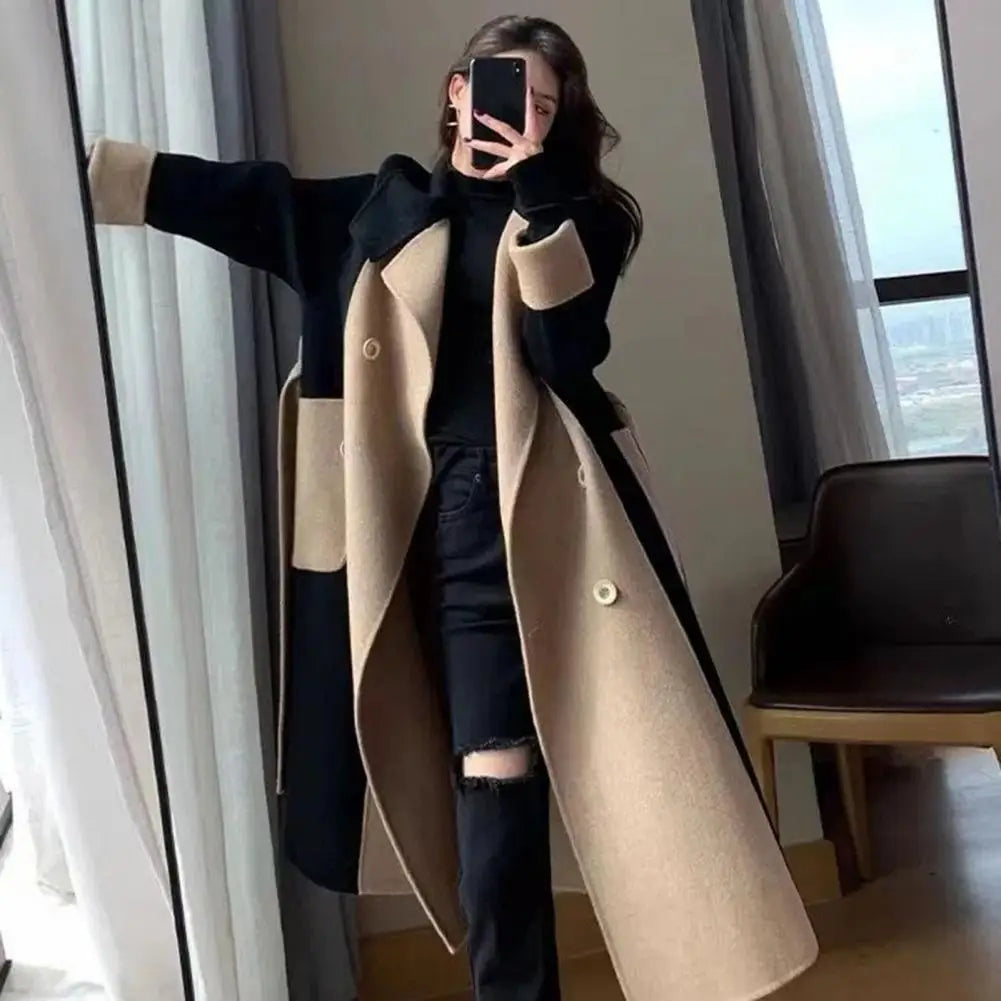 Two Tone Long Coat with Double Breasted Front and Structured Fit