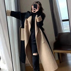 Two Tone Long Coat with Double Breasted Front and Structured Fit