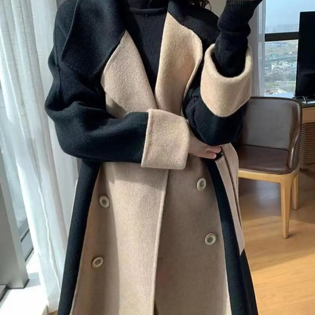 Two Tone Long Coat with Double Breasted Front and Structured Fit