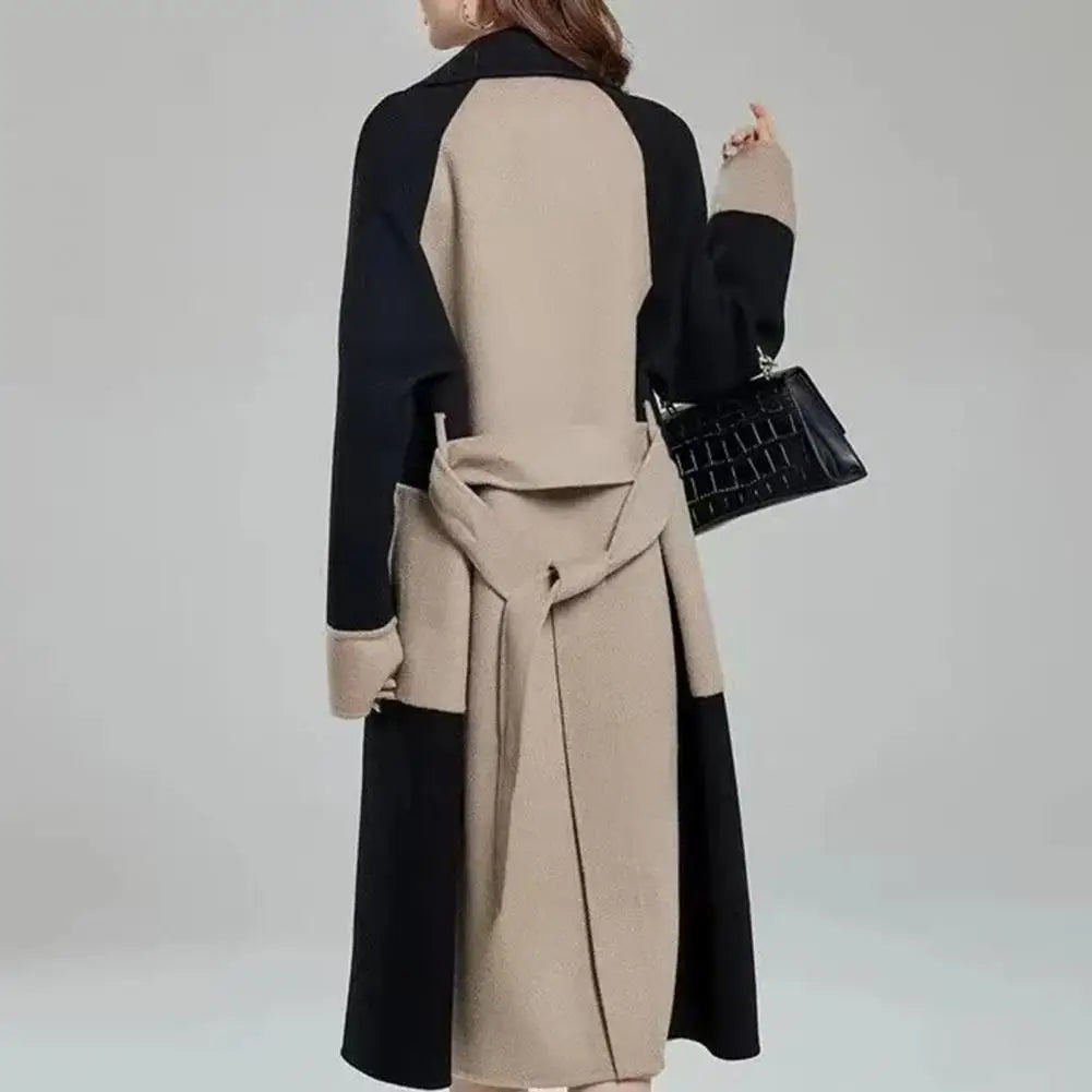Two Tone Long Coat with Double Breasted Front and Structured Fit