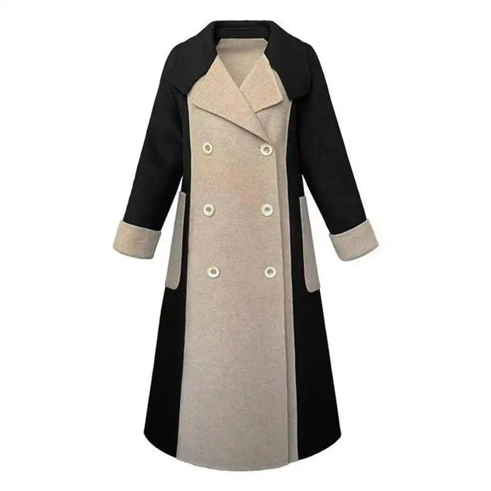 Two Tone Long Coat with Double Breasted Front and Structured Fit