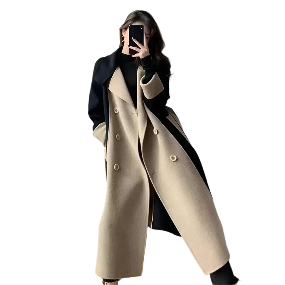 Two Tone Long Coat with Double Breasted Front and Structured Fit