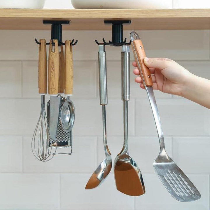Under-Counter Rotating Kitchen Utensil Storage Organizer 6 Hooks