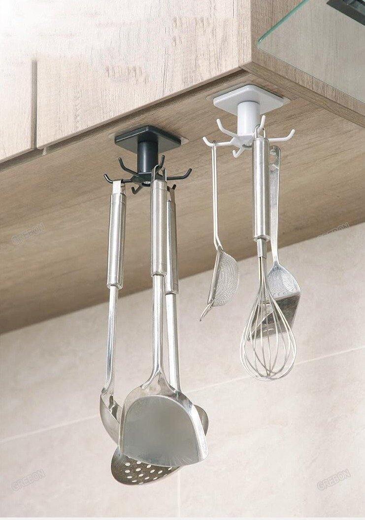Under-Counter Rotating Kitchen Utensil Storage Organizer 6 Hooks