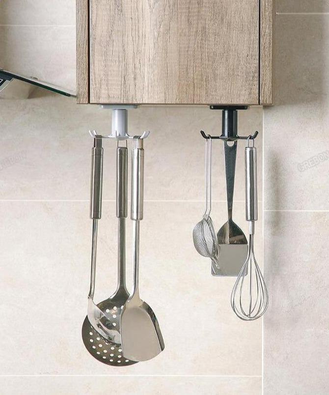 Under-Counter Rotating Kitchen Utensil Storage Organizer 6 Hooks